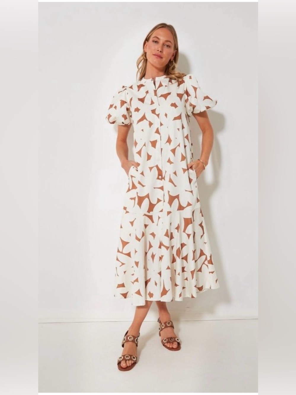 Tuckernuck White Midi Dress with Tan Abstract Print